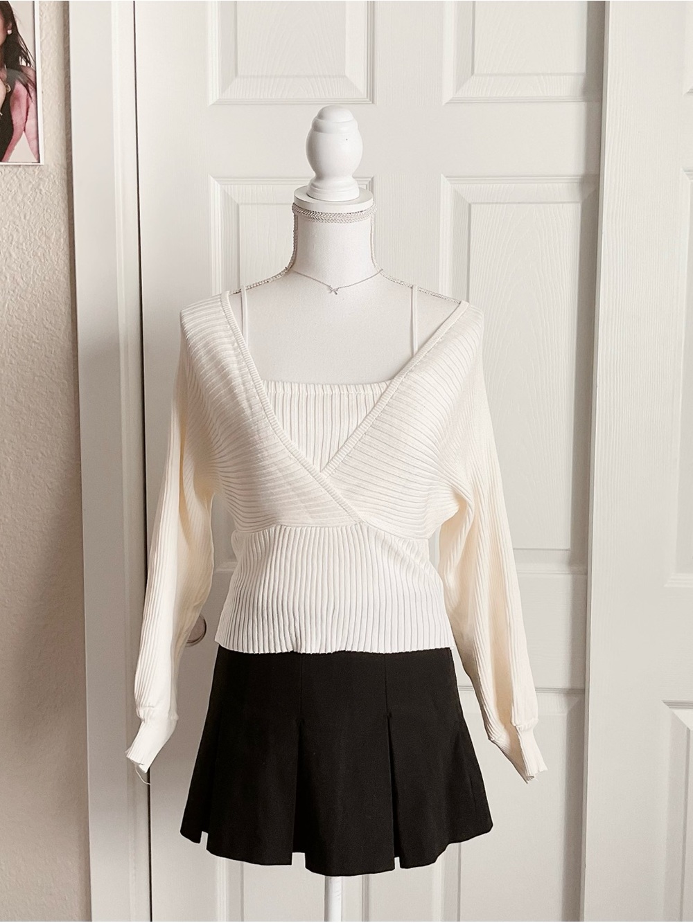 YesStyle Cream Ribbed V-Neck Wrap Sweater